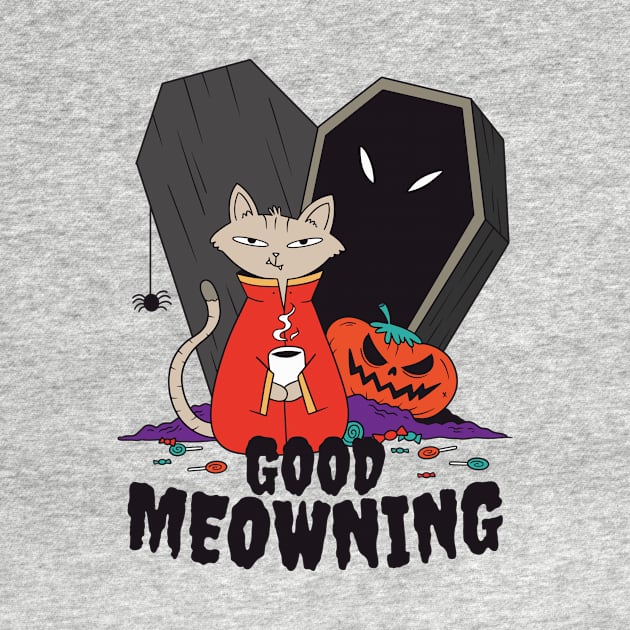 Coffee Halloween Cat a Halloween Cartoon with a Cat Drinking Coffee and Halloween Theme Saying Good Meowning by Wyees Foster